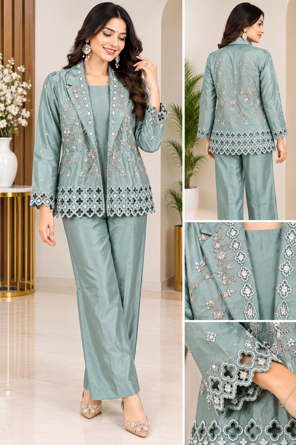 Women’s Premium Embroidered Western Co-Ord Set – Sage Green