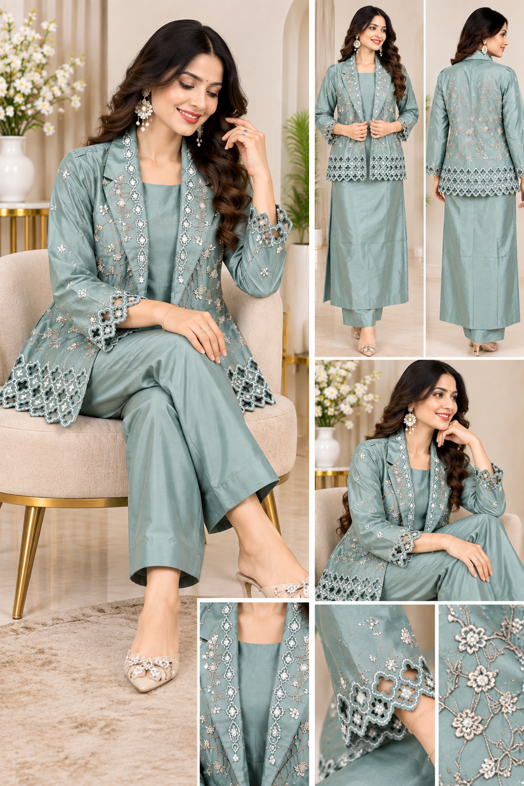 Women’s Premium Embroidered Western Co-Ord Set – Sage Green