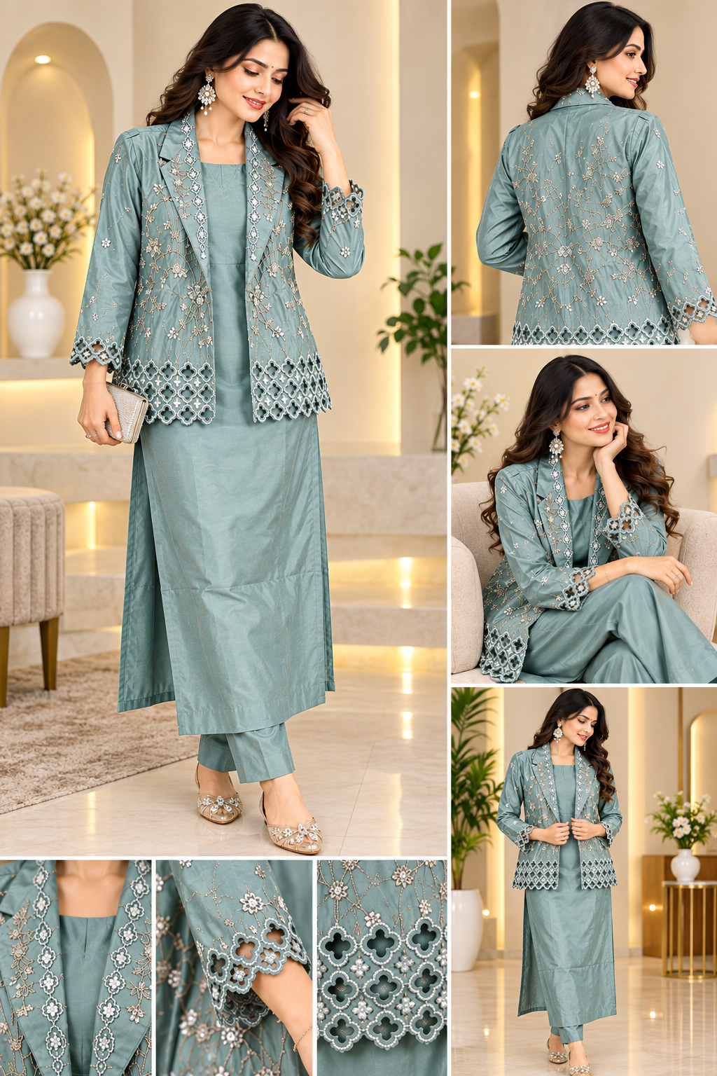 Women’s Premium Embroidered Western Co-Ord Set – Sage Green