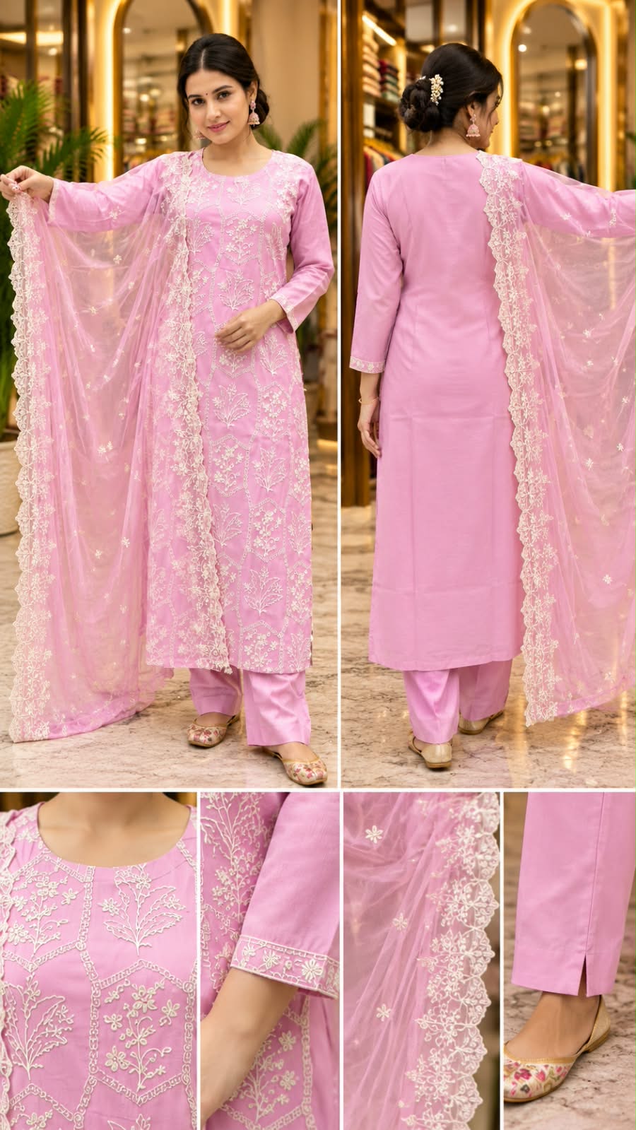 Pink Colour Kurta set with Embroidered Dupatta with full grand work