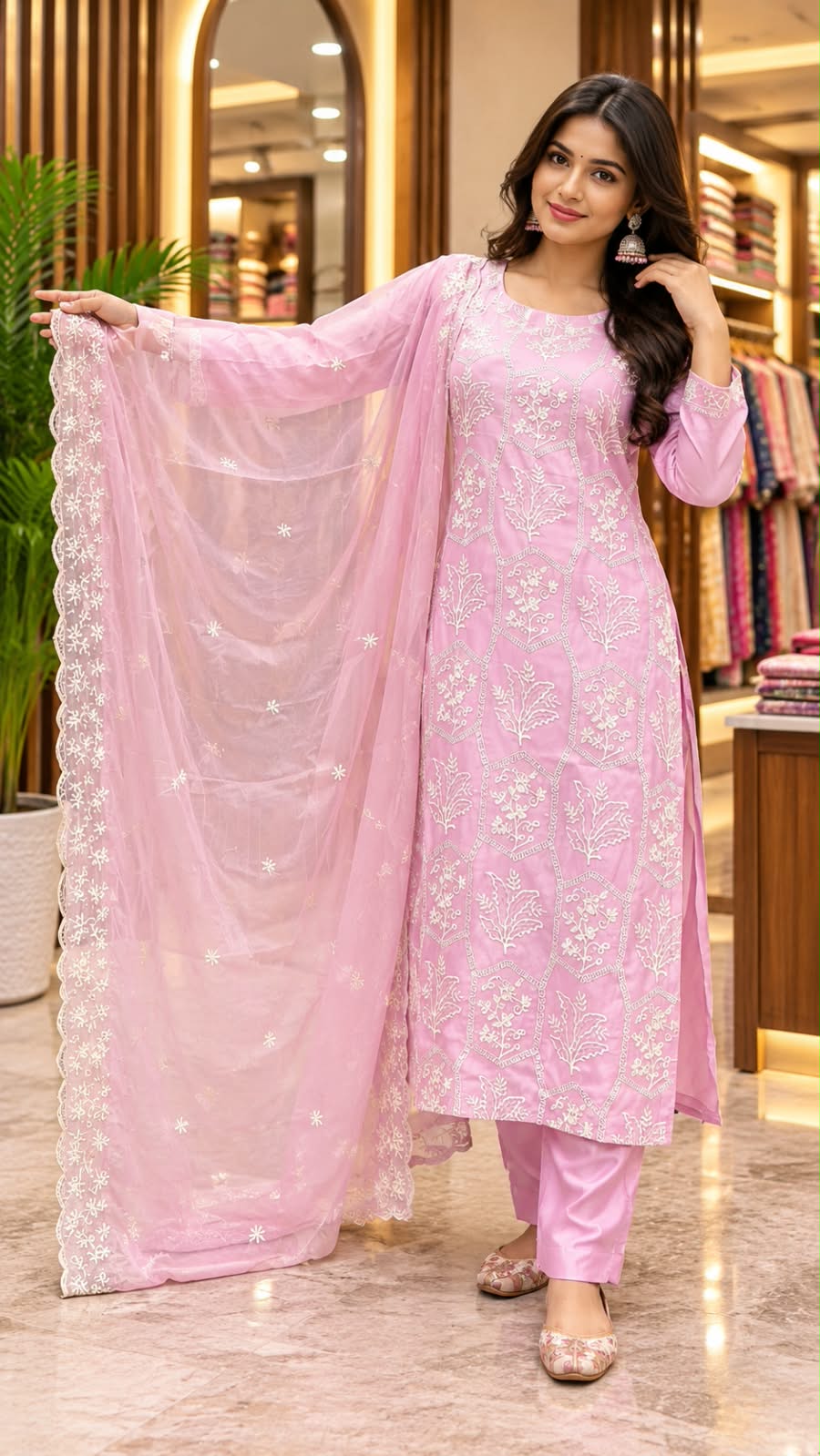Pink Colour Kurta set with Embroidered Dupatta with full grand work