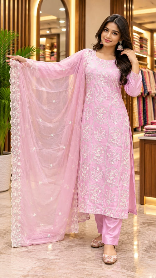 Pink Colour Kurta set with Embroidered Dupatta with full grand work