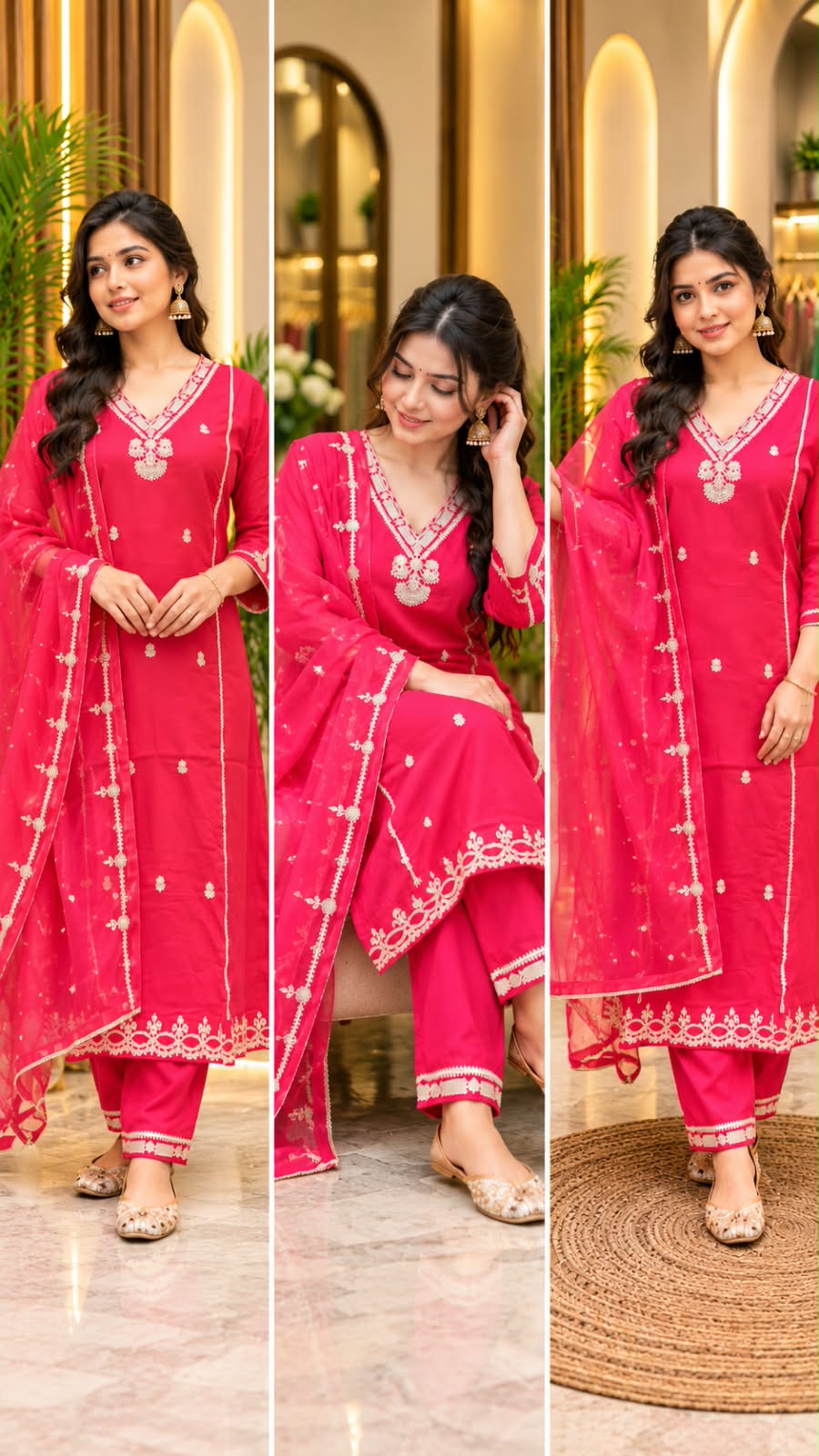 Dark Pink Colour Kurta set with full grand work