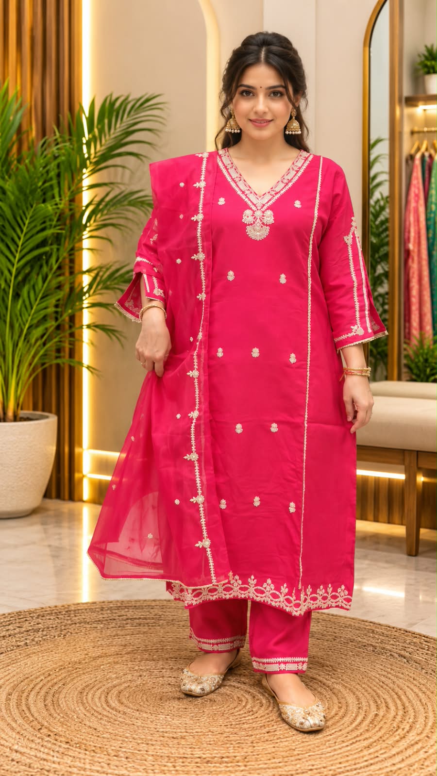 Dark Pink Colour Kurta set with full grand work