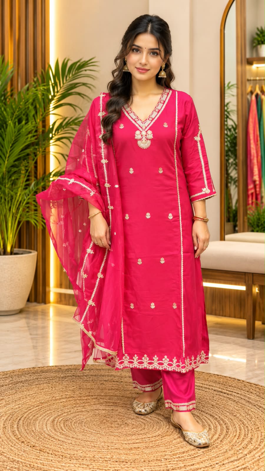 Dark Pink Colour Kurta set with full grand work