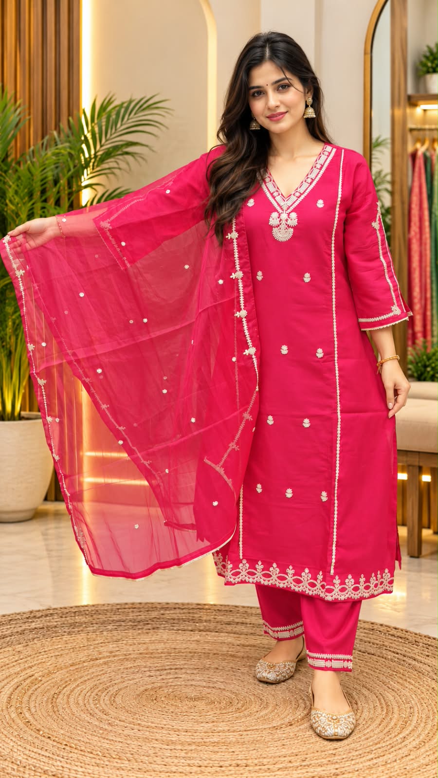Dark Pink Colour Kurta set with full grand work