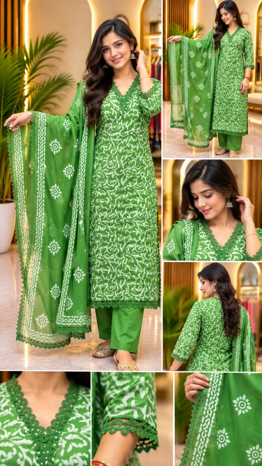 Green Colour Cotton Kurta Set with white embroidery