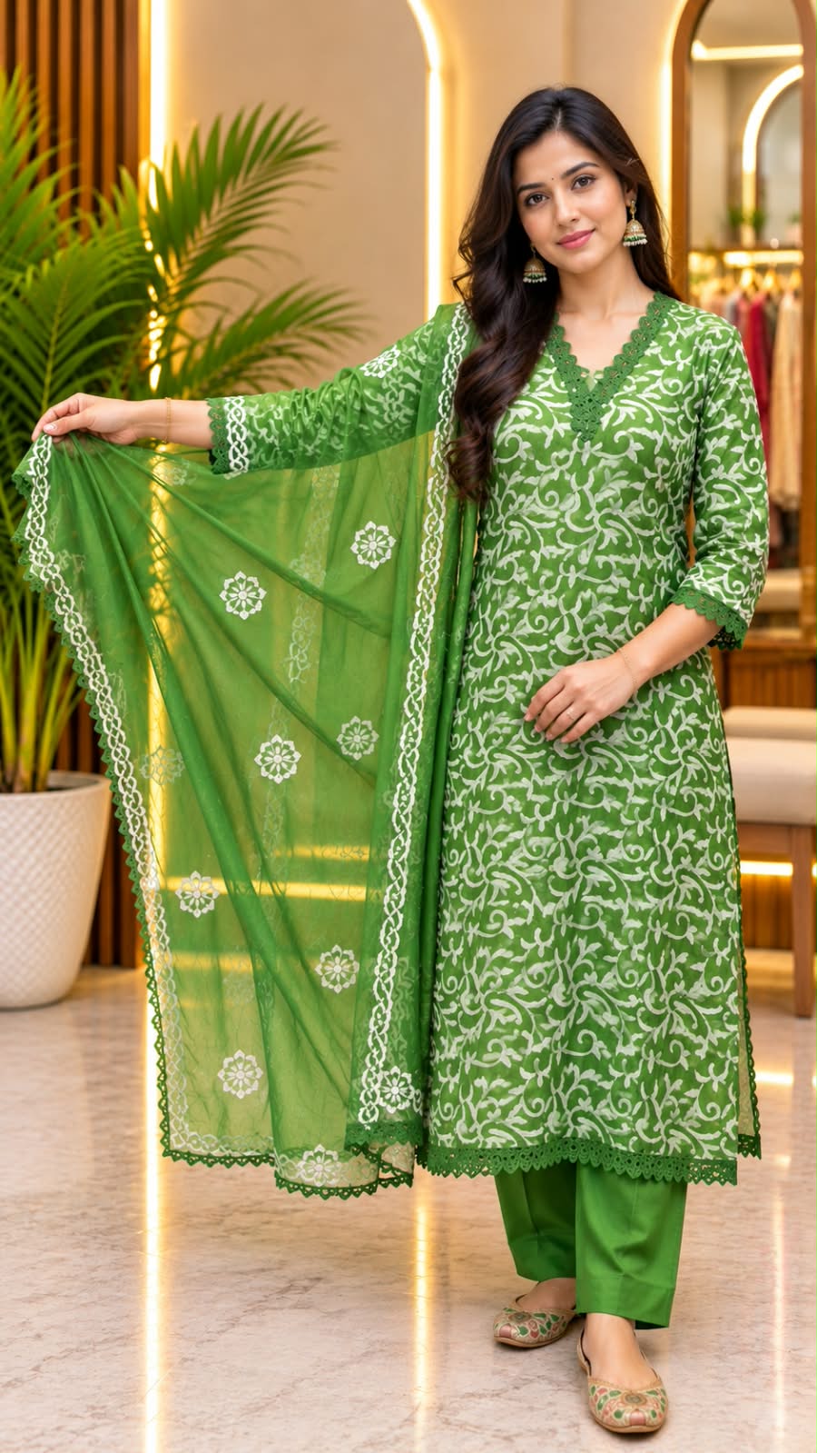 Green Colour Cotton Kurta Set with white embroidery