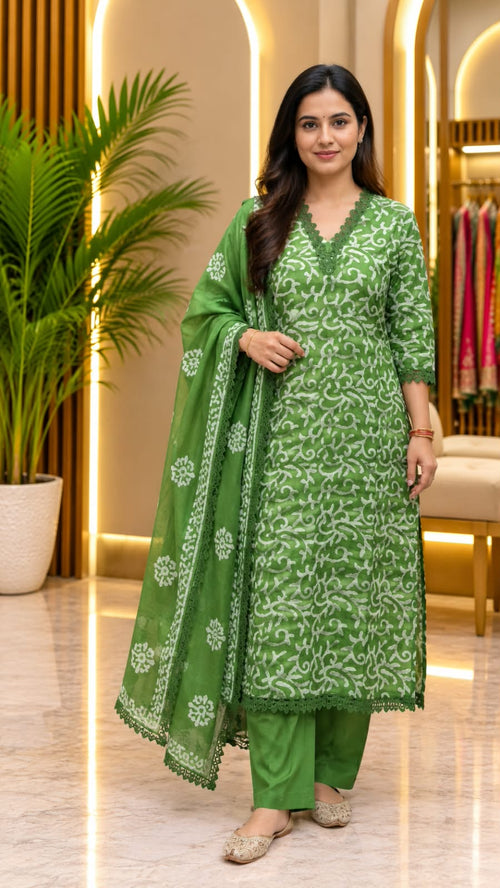 Green Colour Cotton Kurta Set with white embroidery