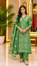Green Colour Cotton Kurta Set with white embroidery