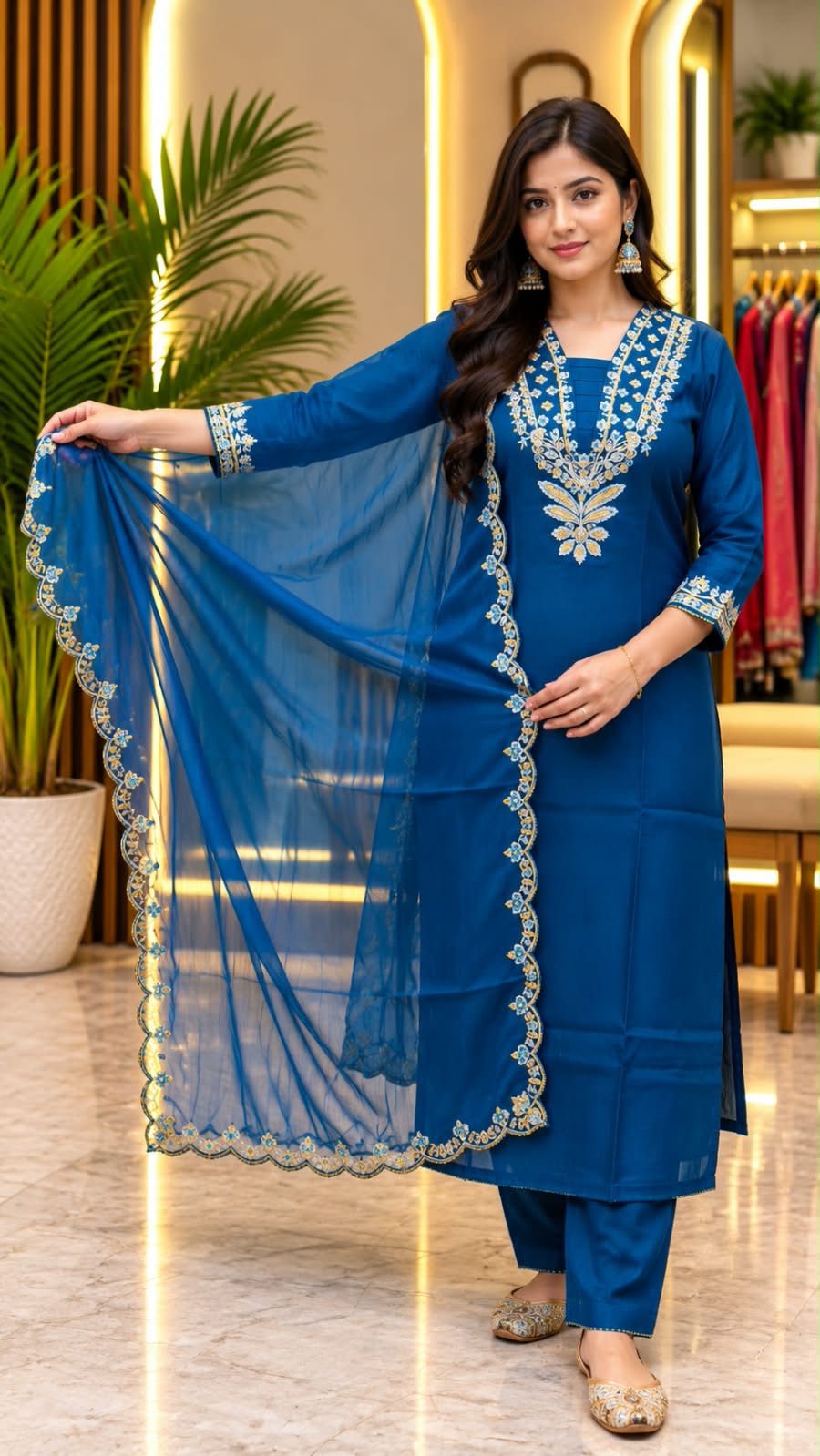 Teal Blue Embroidered Straight Kurta Set with Scalloped Organza Dupatta
