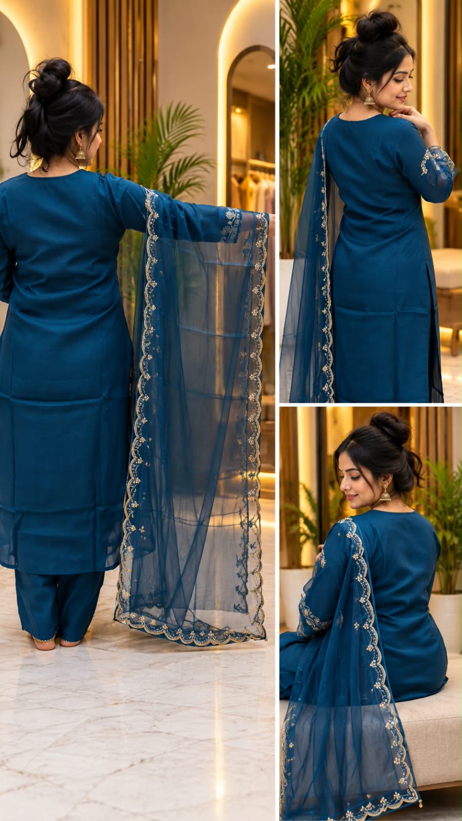 Teal Blue Embroidered Straight Kurta Set with Scalloped Organza Dupatta