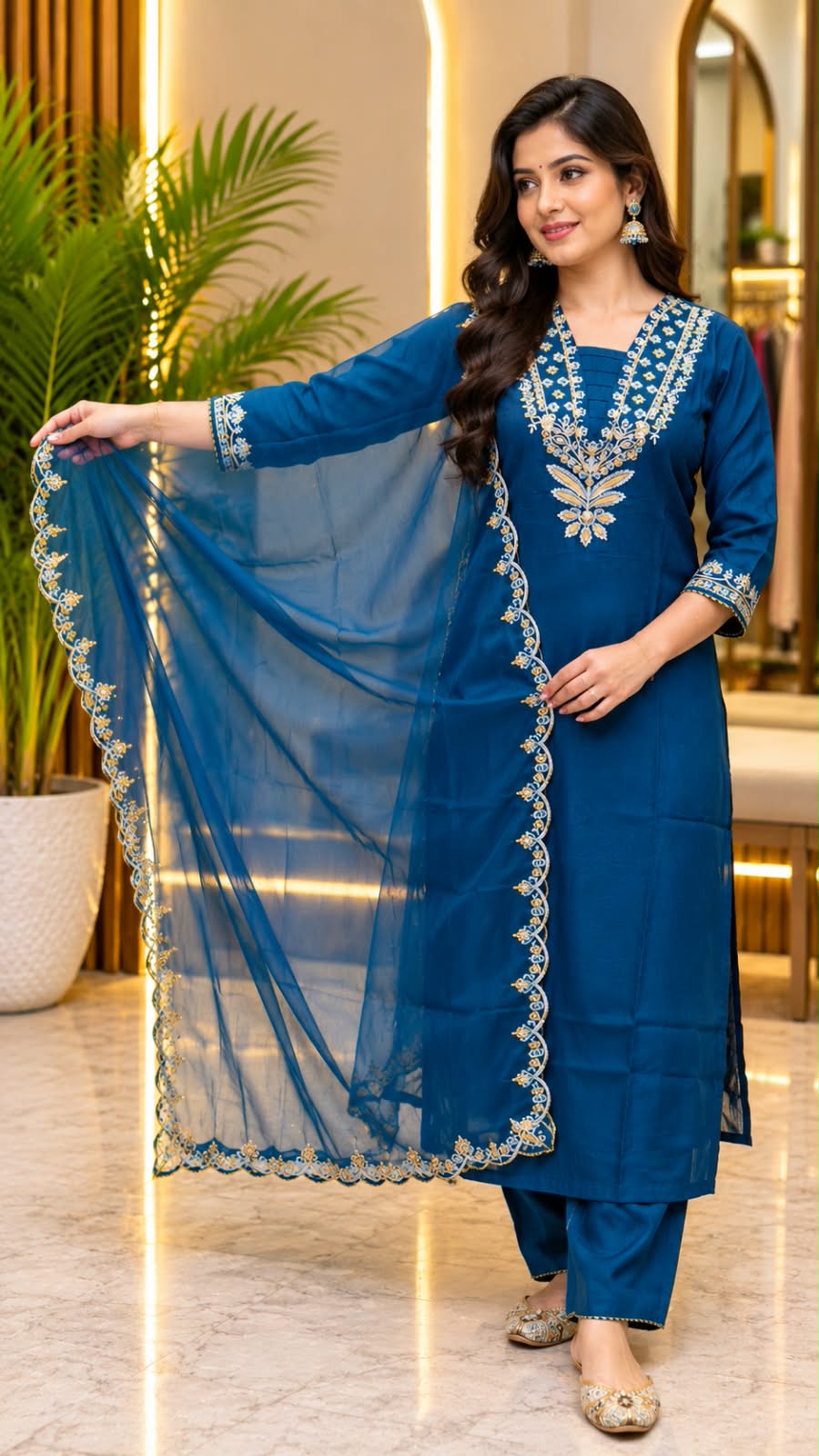Teal Blue Embroidered Straight Kurta Set with Scalloped Organza Dupatta