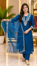 Teal Blue Embroidered Straight Kurta Set with Scalloped Organza Dupatta