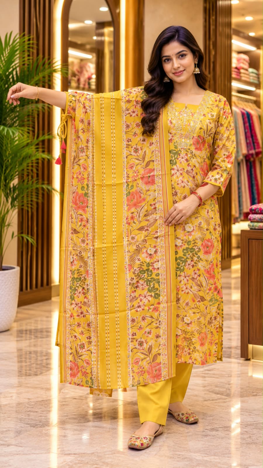 Mustard Yellow Floral Printed Kurta Set with Tie-Up Sleeves & Matching Dupatta