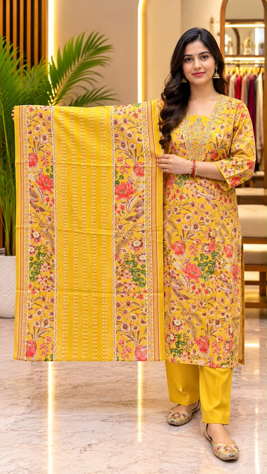 Mustard Yellow Floral Printed Kurta Set with Tie-Up Sleeves & Matching Dupatta