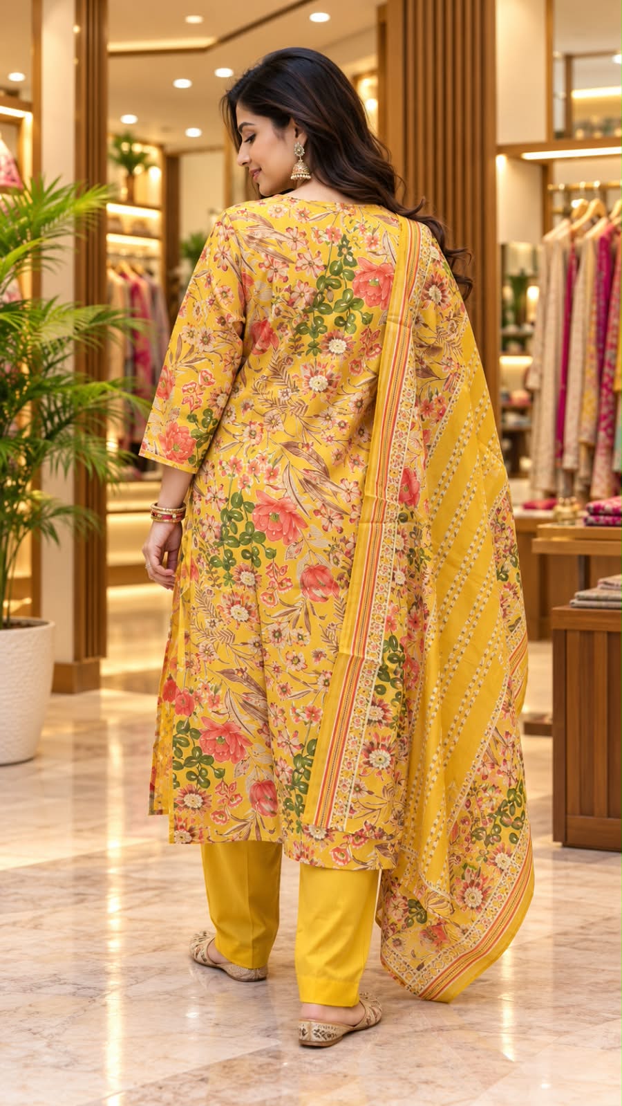 Mustard Yellow Floral Printed Kurta Set with Tie-Up Sleeves & Matching Dupatta