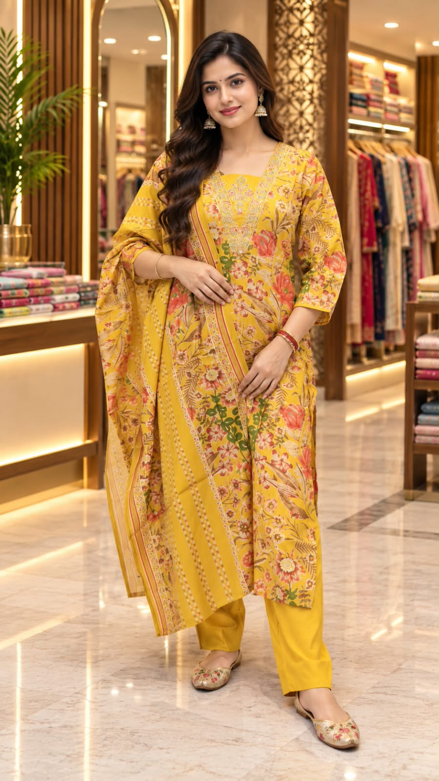 Mustard Yellow Floral Printed Kurta Set with Tie-Up Sleeves & Matching Dupatta