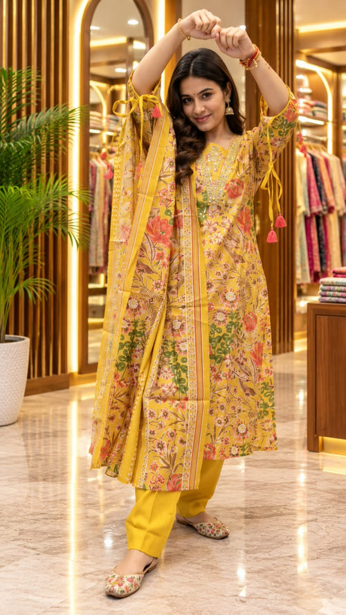 Mustard Yellow Floral Printed Kurta Set with Tie-Up Sleeves & Matching Dupatta