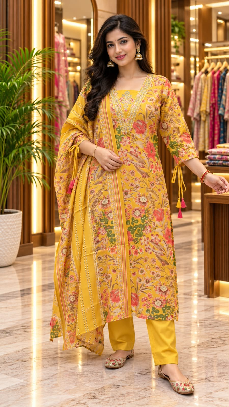 Mustard Yellow Floral Printed Kurta Set with Tie-Up Sleeves & Matching Dupatta
