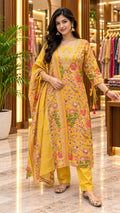 Mustard Yellow Floral Printed Kurta Set with Tie-Up Sleeves & Matching Dupatta