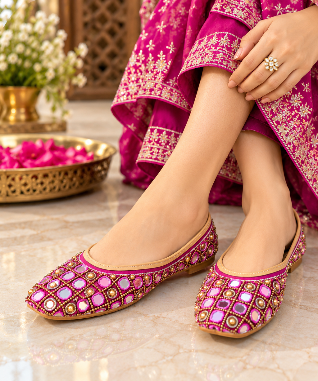 Embroidered Mirror Work Magenta Jutti for Women