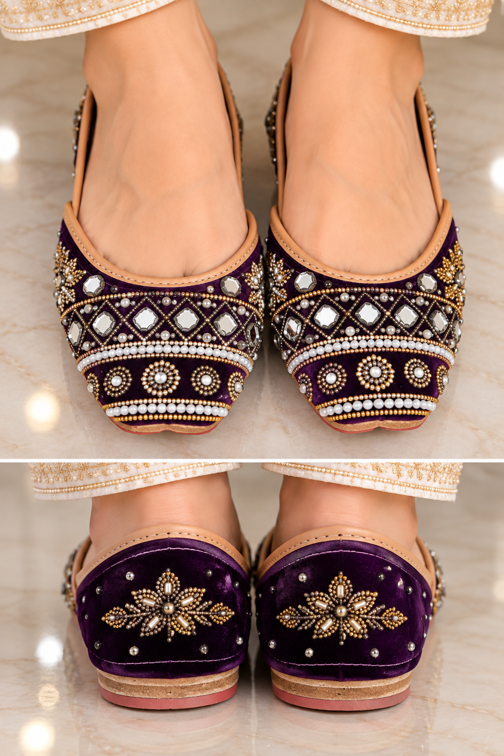 Royal Purple Handcrafted Embroidered Jutti – Mirror & Pearl Work