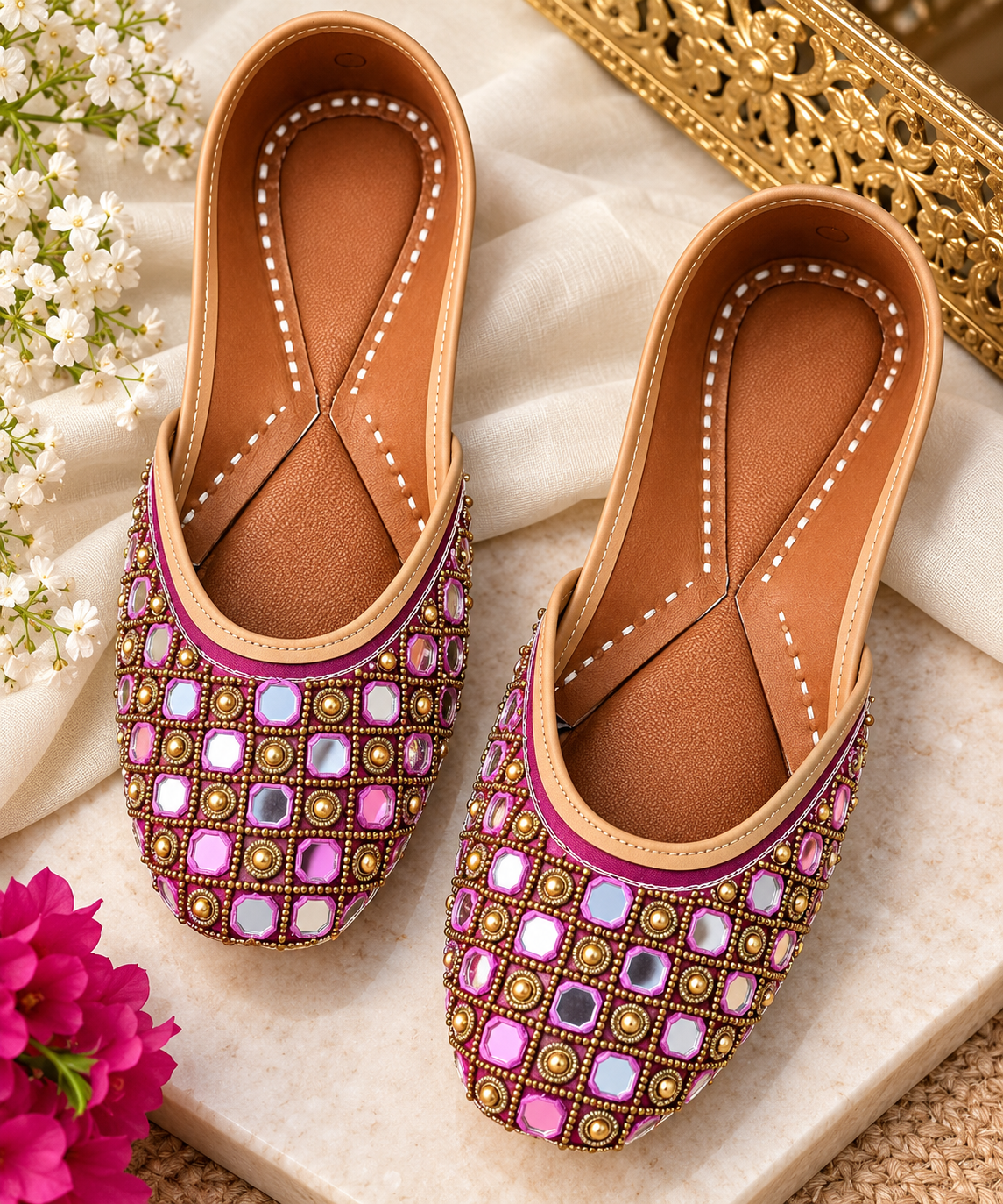 Embroidered Mirror Work Magenta Jutti for Women
