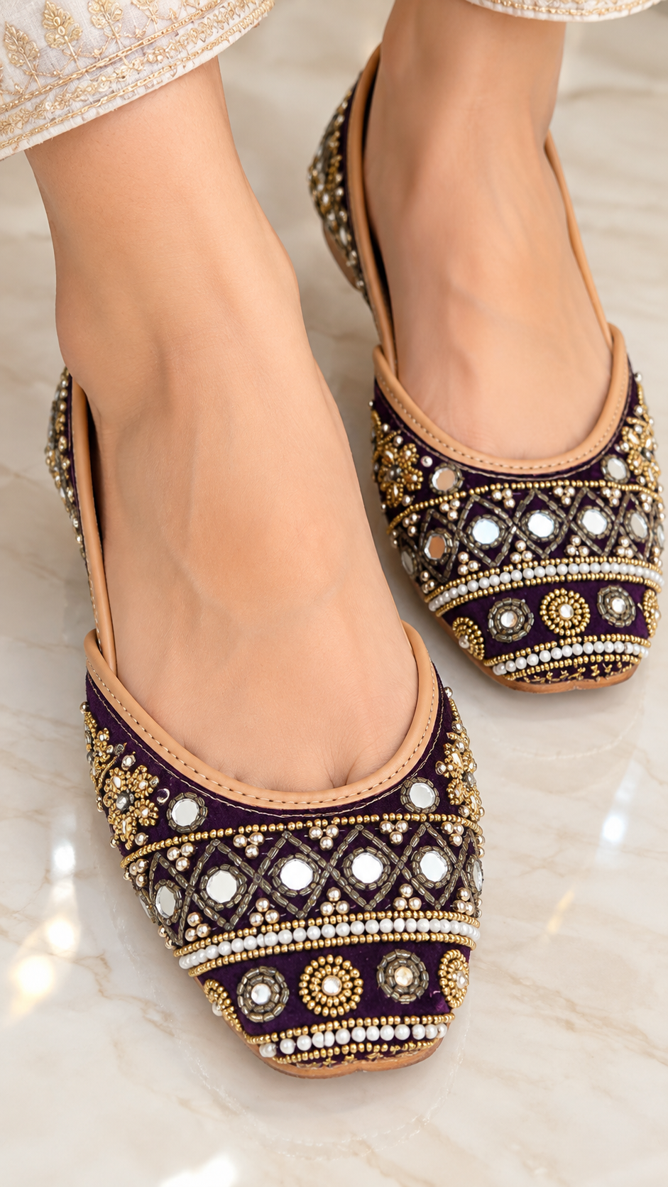 Royal Purple Handcrafted Embroidered Jutti – Mirror & Pearl Work